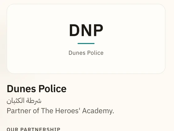 The partner card that opens in the Heroes' Academy city for Dunes Police: Partner of The Heroes' Academy.