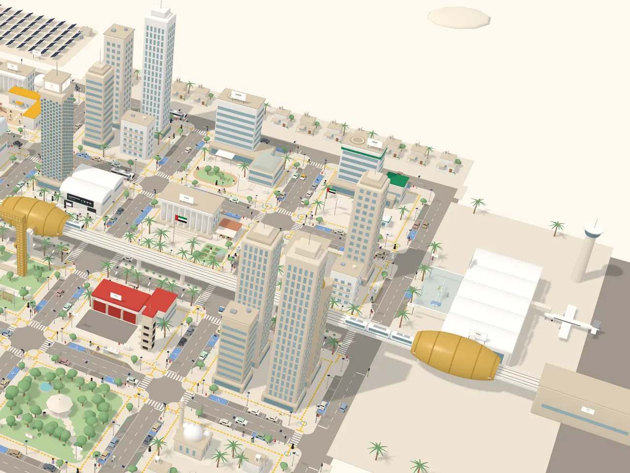 The Heroes' Academy city in daylight: towers, parks, a metro line and an airport, with partner landmarks such as Dunes Police, City Transit and Green Walk Hospital. At the edge of the city, an empty plot is outlined in orange where a new partner's building will stand.