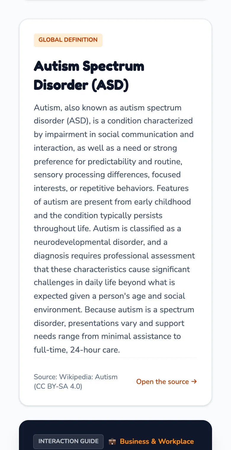 A guidance page on heroes-academy.ae: the definition of autism spectrum disorder, with its source.