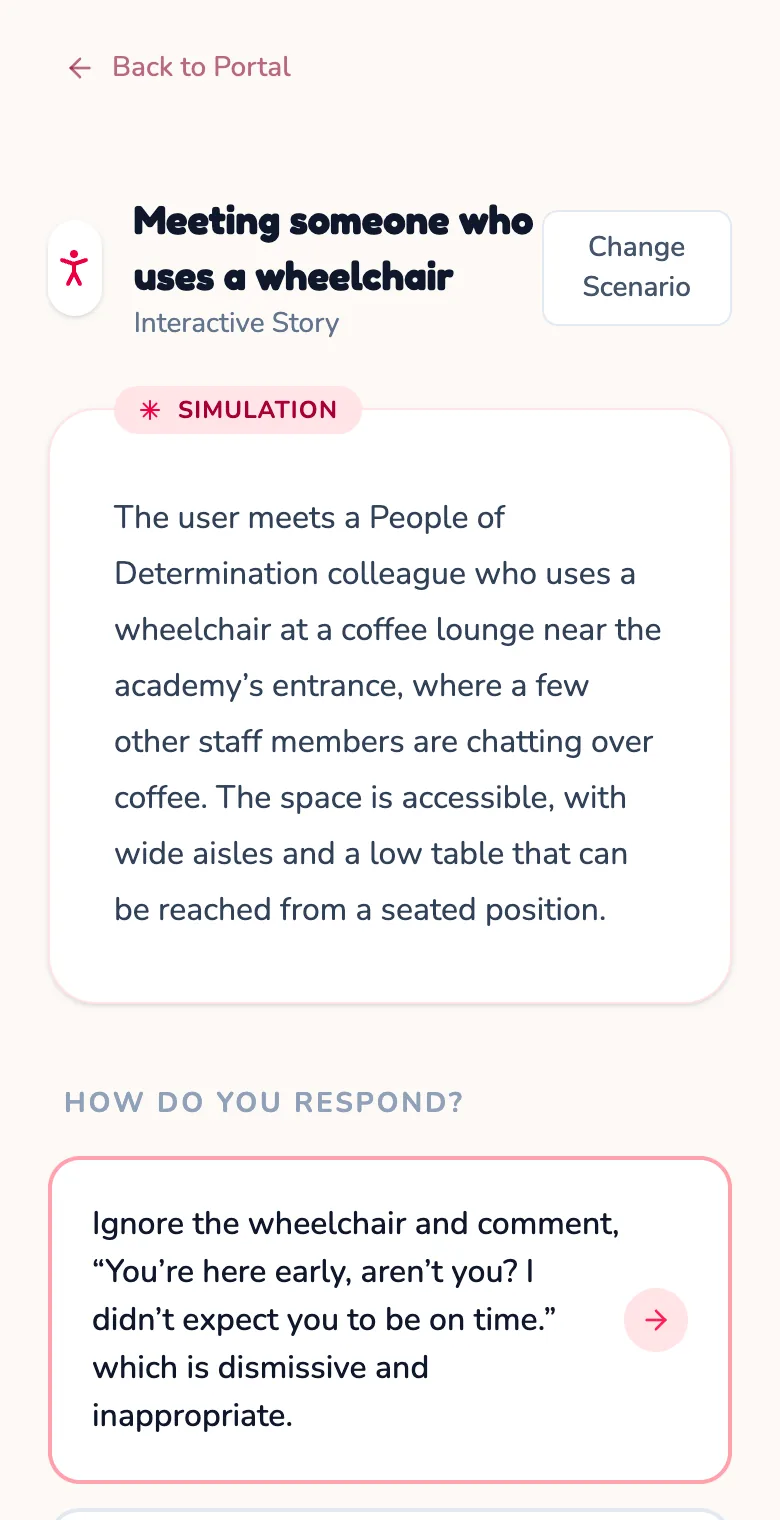 The Interaction Simulator on heroes-academy.ae, showing a scenario with answer choices.