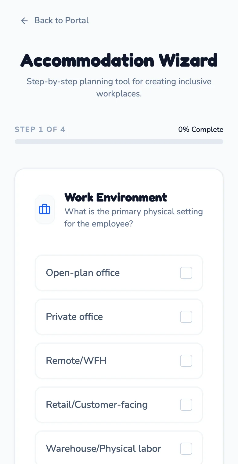 The Accommodation Wizard on heroes-academy.ae, showing a question about workplace needs.